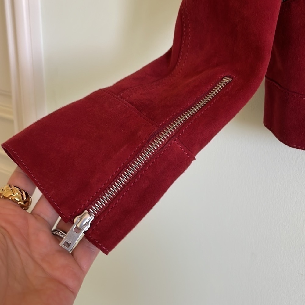 IRO Tatiana Red Suede Leather Jacket Silver Zippers Buckle Belt Fall Size 8 (40) - Picture 9 of 13